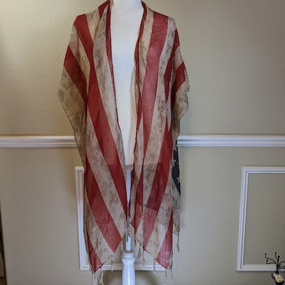 American Patriot Distressed Flag Sheer Shawl w Tassels NWT - Picture 1 of 8